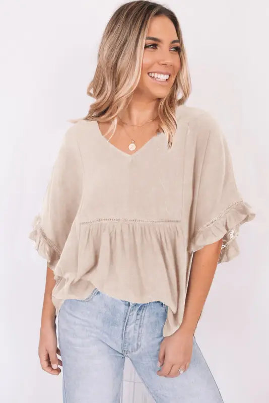 Apricot ruffled lace detail loose v neck top - t-shirts