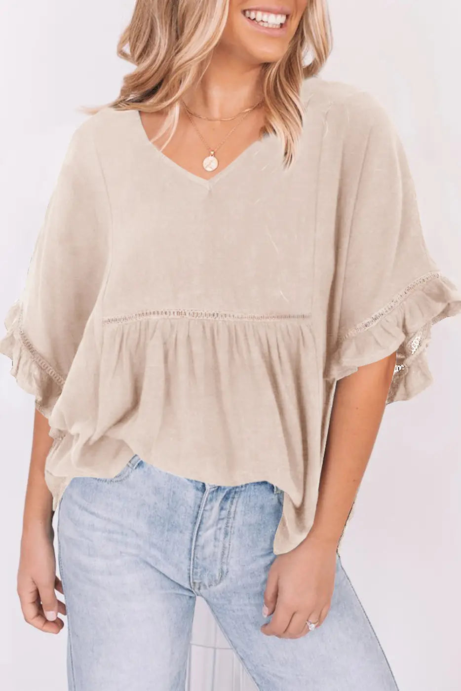 Apricot ruffled lace detail loose v neck top - t-shirts