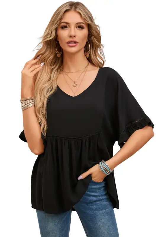 Apricot ruffled lace detail loose v neck top - t-shirts