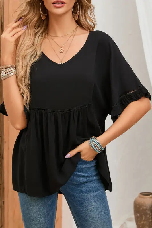 Apricot ruffled lace detail loose v neck top - t-shirts