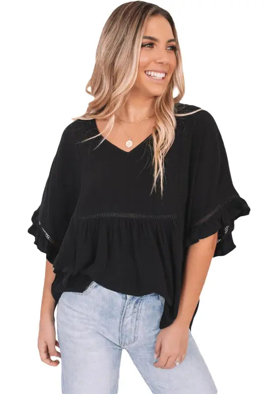 Apricot ruffled lace detail loose v neck top - t-shirts