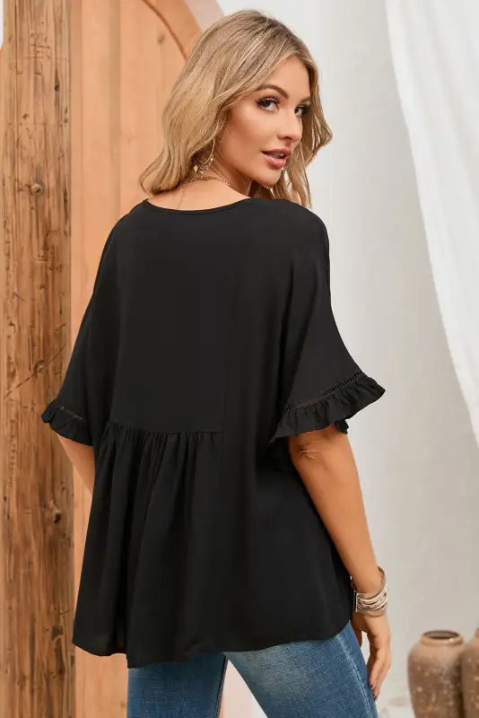 Apricot ruffled lace detail loose v neck top - t-shirts