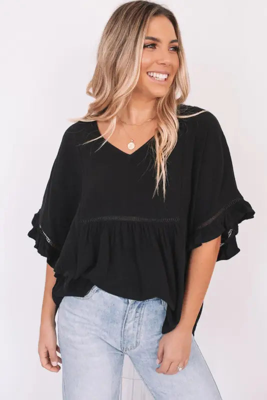 Apricot ruffled lace detail loose v neck top - t-shirts