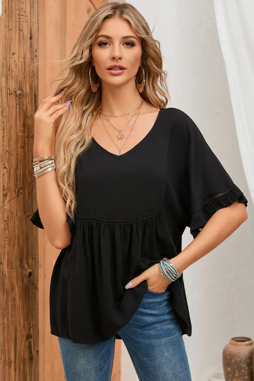 Apricot ruffled lace detail loose v neck top - tops