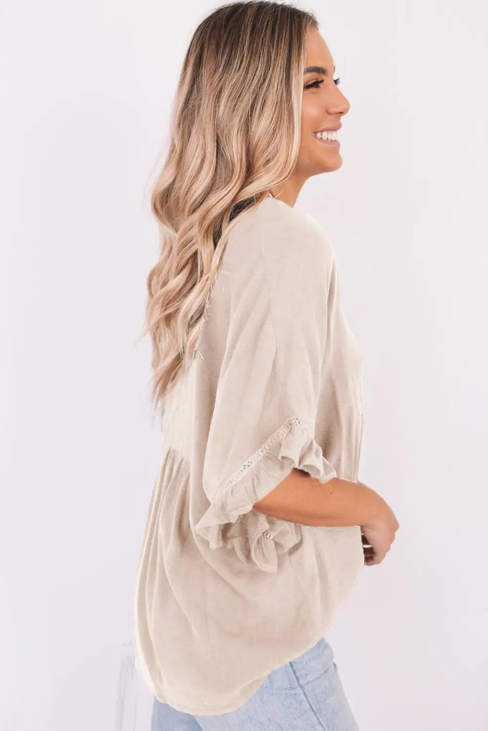 Apricot ruffled lace detail loose v neck top - tops
