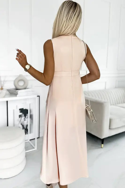 Apricot satin midi dress - surplice v-neck frill - dresses