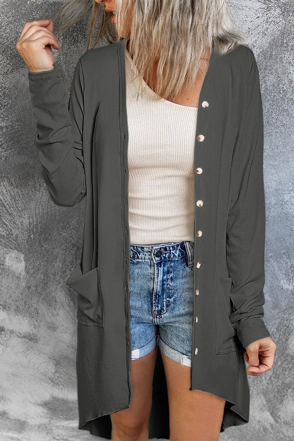 Apricot selected button pocketed high low cardigan - gray /