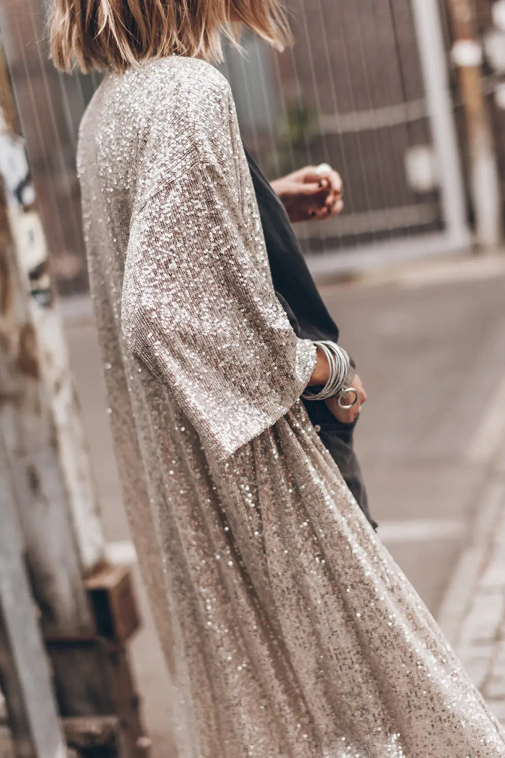 Apricot sequin 3/4 sleeve open front duster kimono