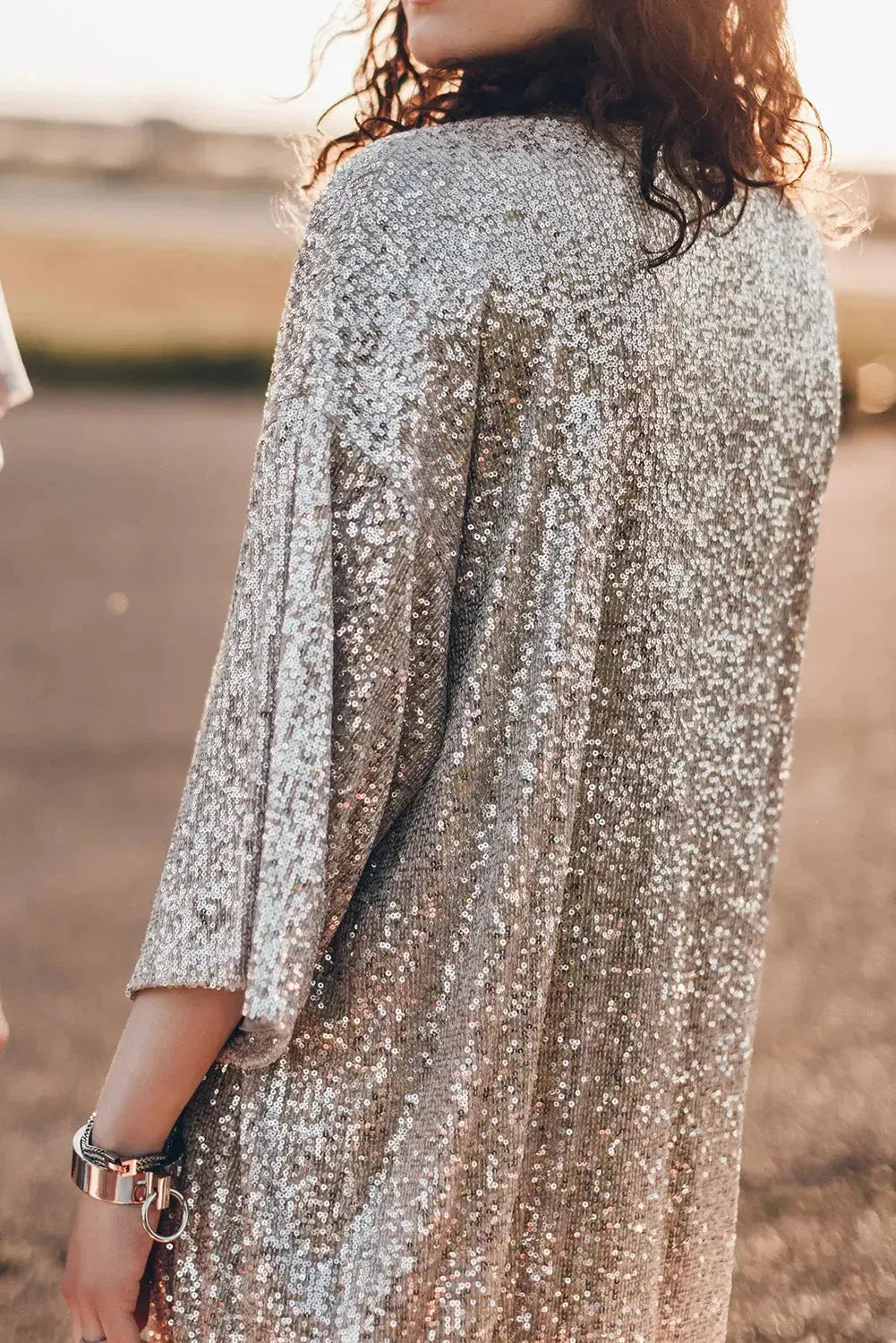 Apricot Sequin 3/4 Sleeve Open Front Duster Kimono - Fashionfitz