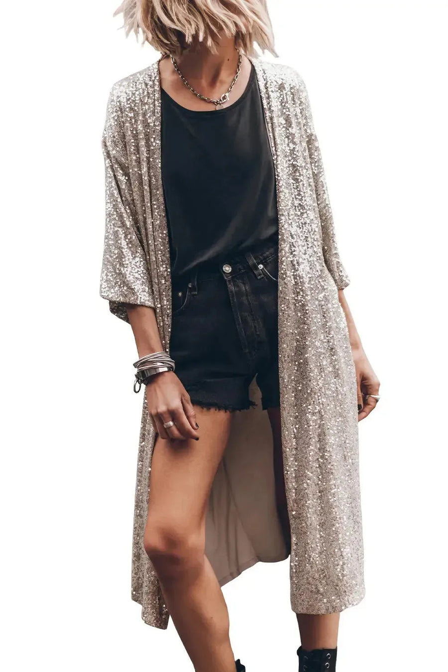 Apricot Sequin 3/4 Sleeve Open Front Duster Kimono - Fashionfitz