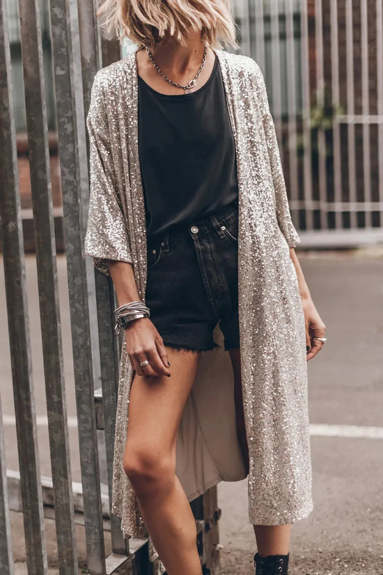 Apricot Sequin 3/4 Sleeve Open Front Duster Kimono - Fashionfitz