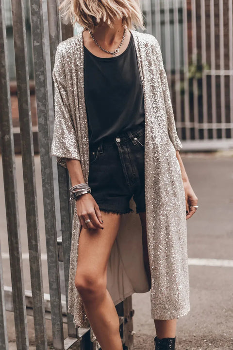 Apricot Sequin 3/4 Sleeve Open Front Duster Kimono - Fashionfitz