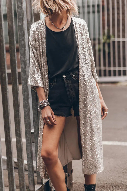 Apricot Sequin 3/4 Sleeve Open Front Duster Kimono - Fashionfitz
