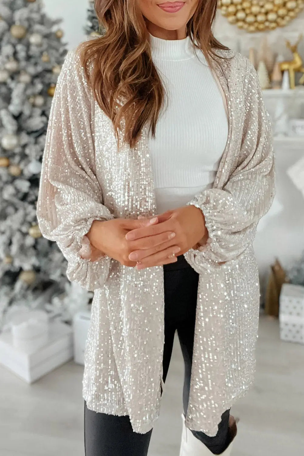 Apricot sequin bubble sleeve open front top - s /