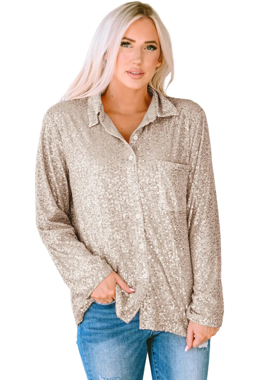 Apricot sequin collared bust pocket buttoned shirt - tops