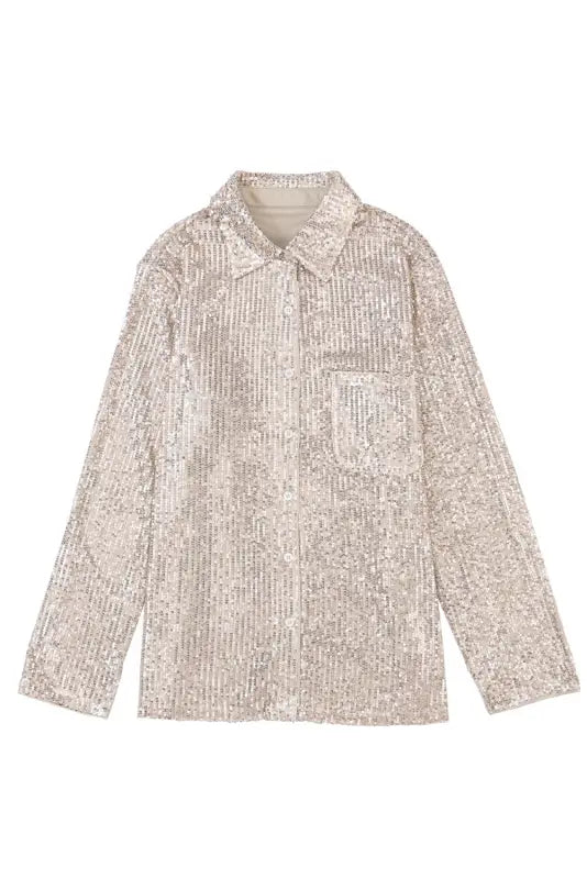 Apricot sequin collared bust pocket buttoned shirt - tops