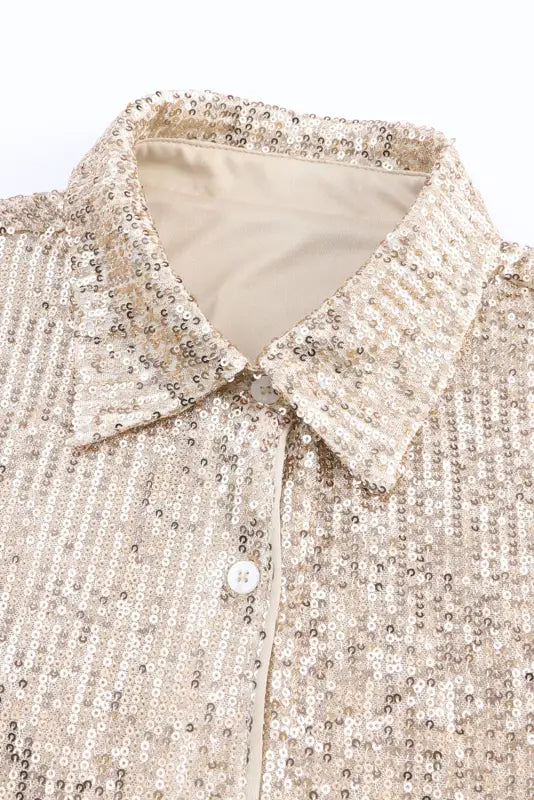 Apricot sequin collared bust pocket buttoned shirt - tops