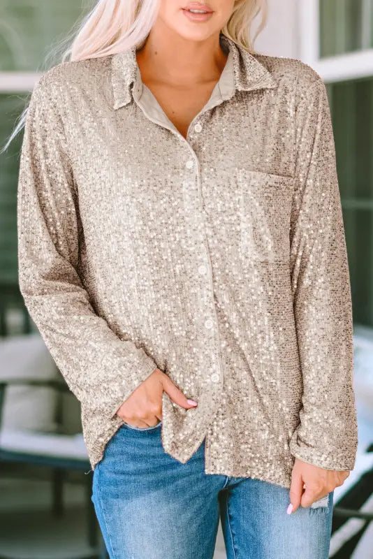 Apricot sequin collared bust pocket buttoned shirt - tops