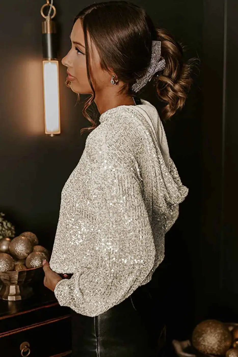 Apricot sequin hooded top – night out | women’s sparkle hoodie