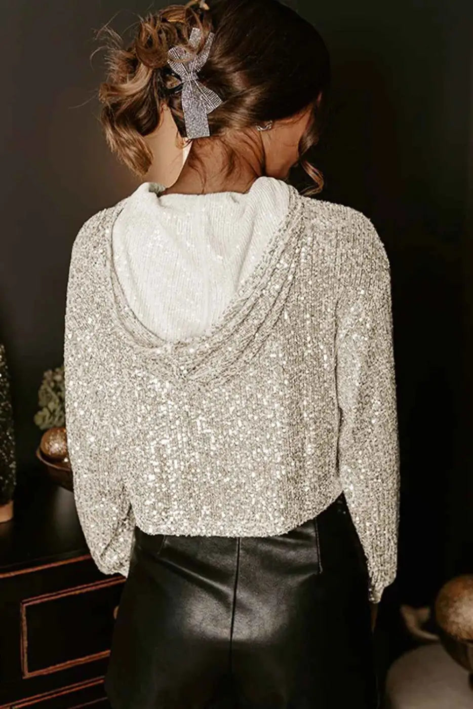 Apricot sequin hooded top – night out | women’s sparkle hoodie