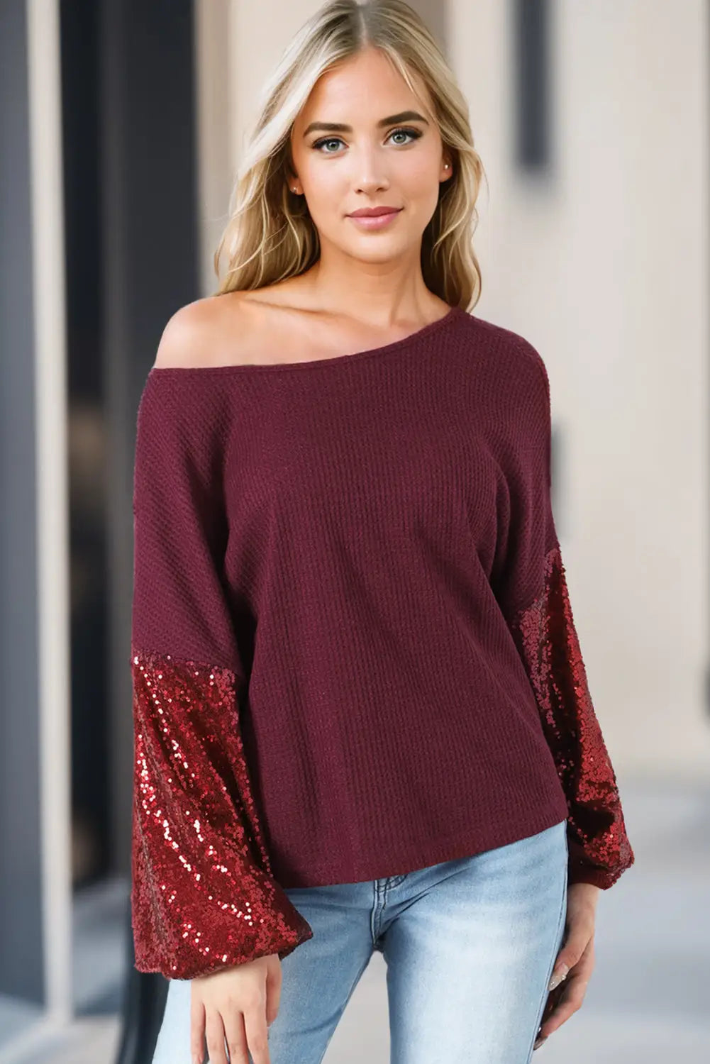 Apricot sequin patchwork sleeve open back waffle knit top -