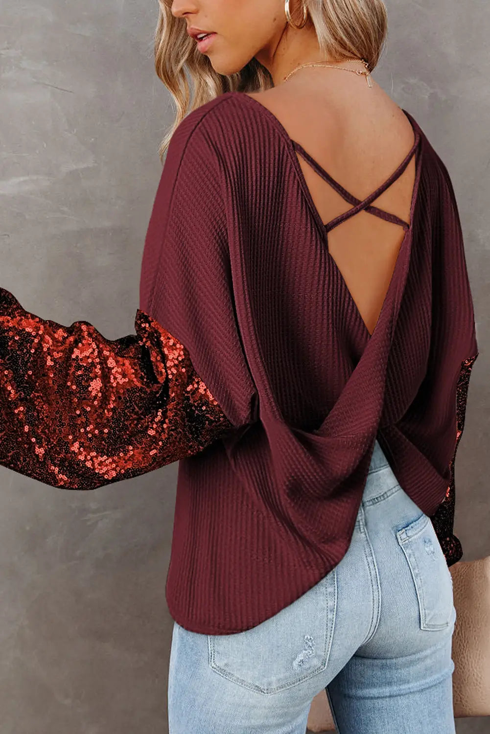 Apricot sequin patchwork sleeve open back waffle knit top -