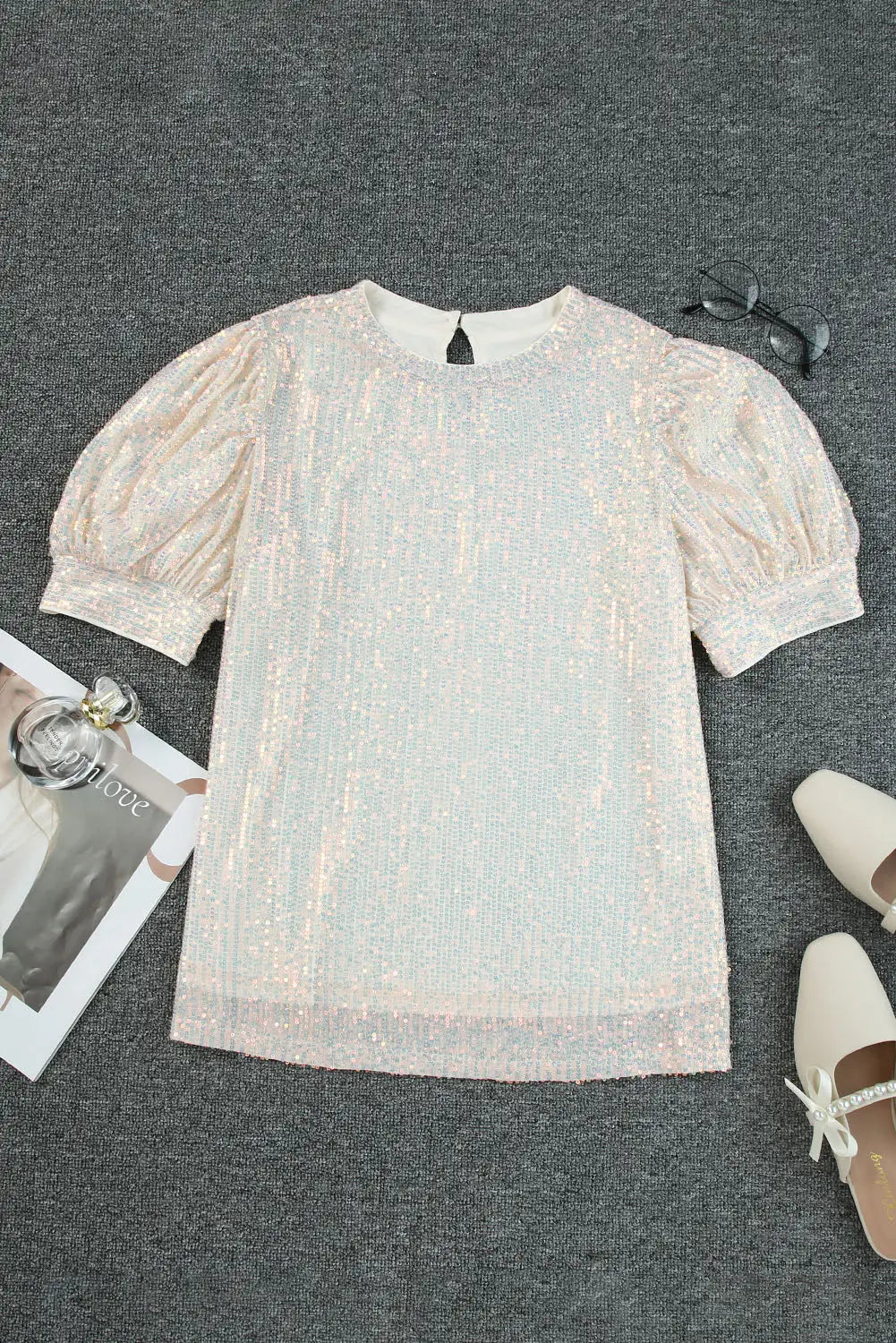 Apricot sequin puff sleeve top - tops