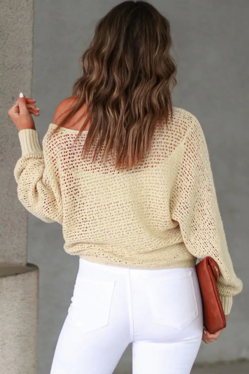 Apricot sheer openwork knit sweater - tops