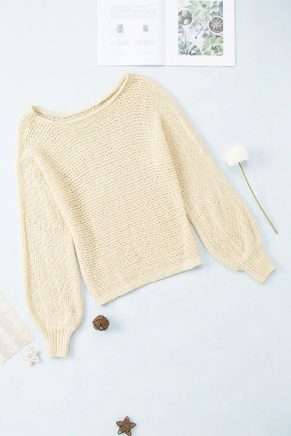 Apricot sheer openwork knit sweater - tops