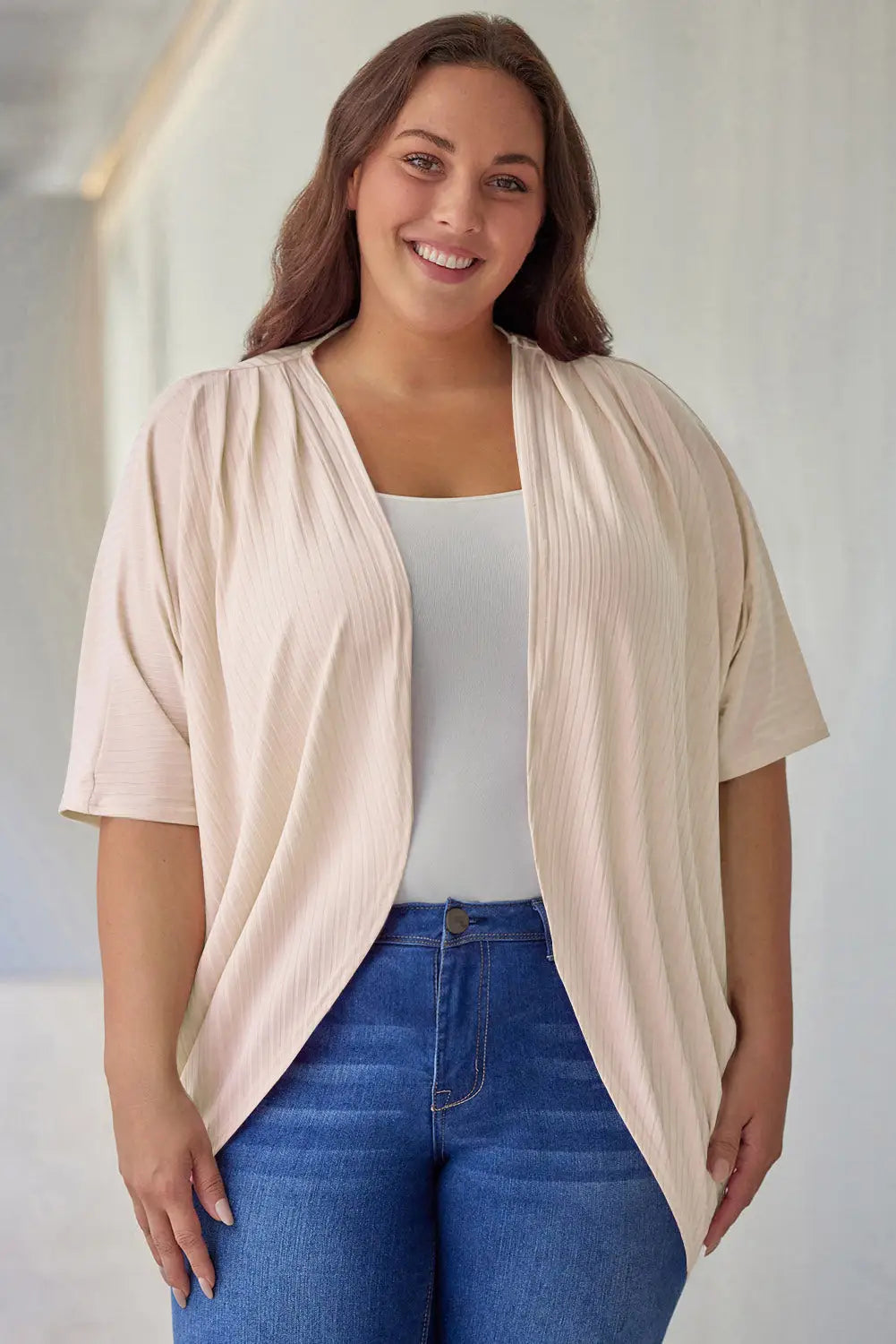 Apricot shimmer ribbed texture plus size cardigan - 1x /