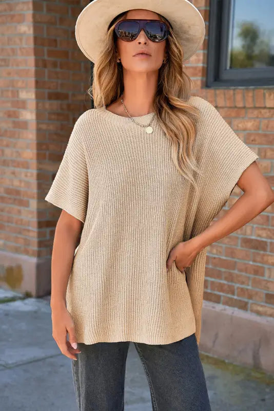 Apricot short sleeve side slit oversized sweater - new