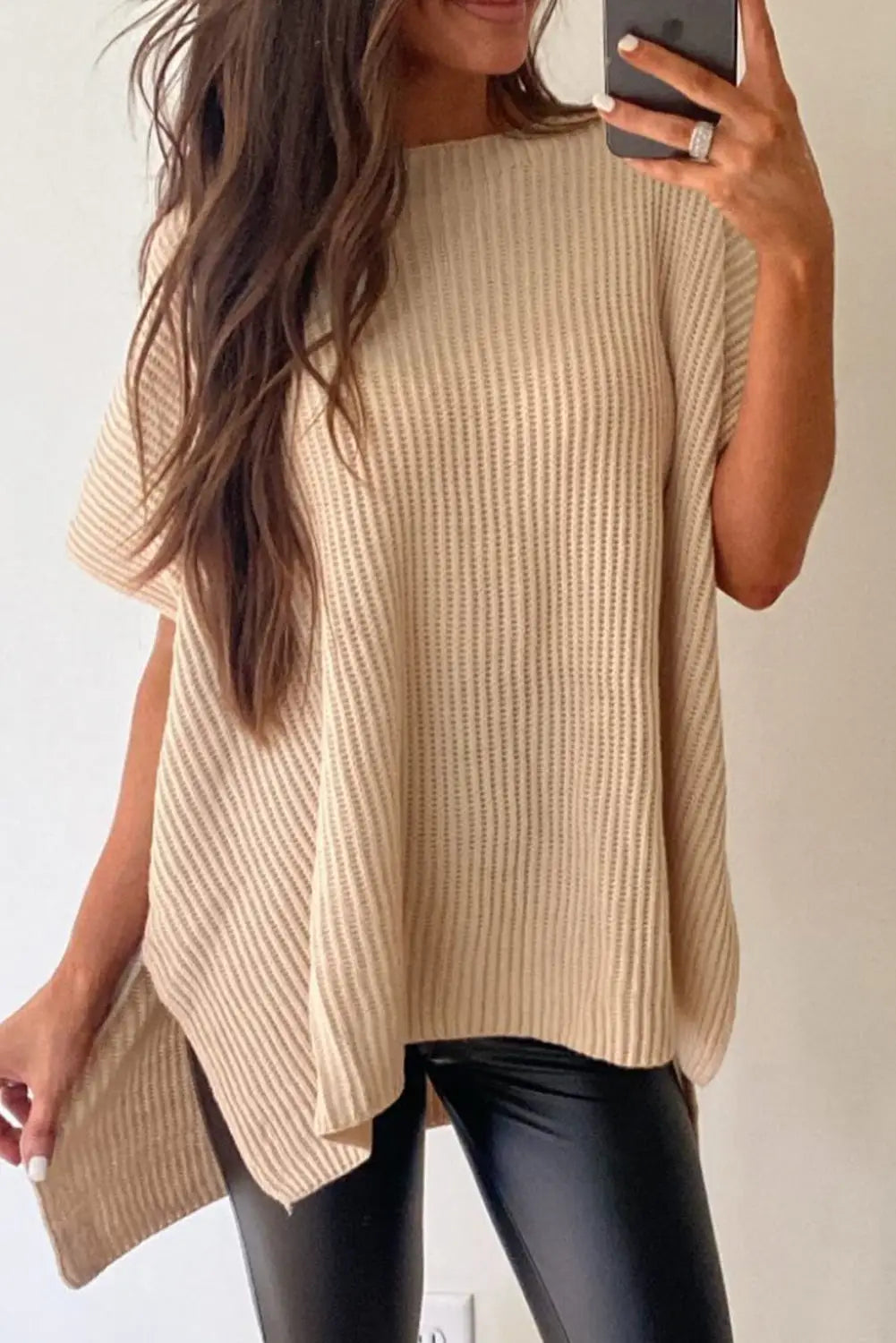 Apricot short sleeve side slit oversized sweater - l