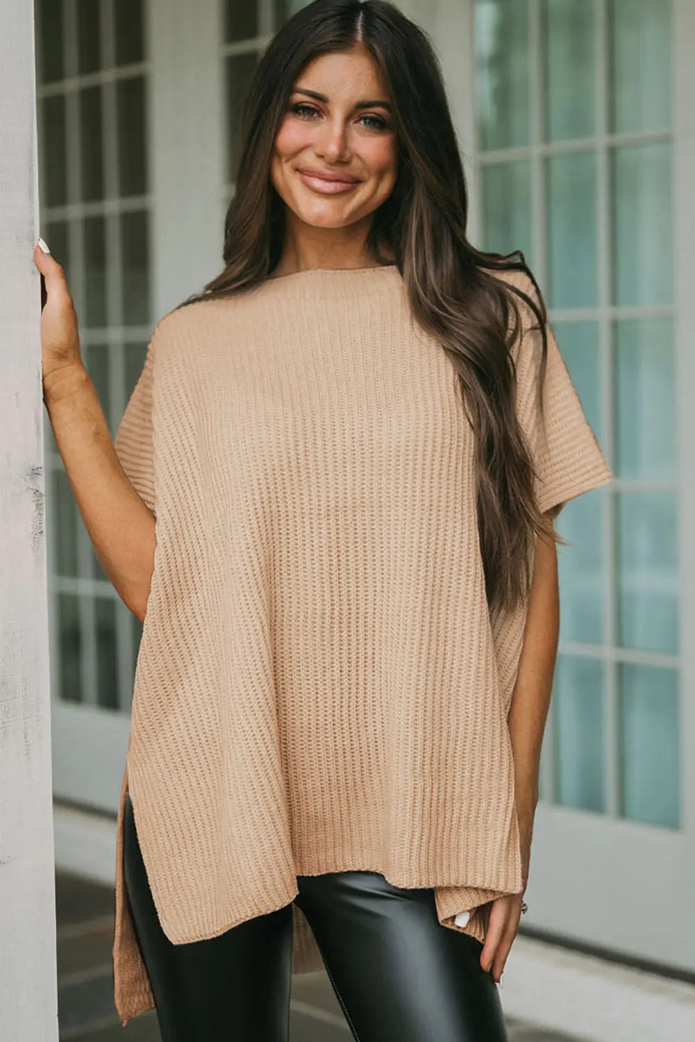 Apricot short sleeve side slit oversized sweater - tops