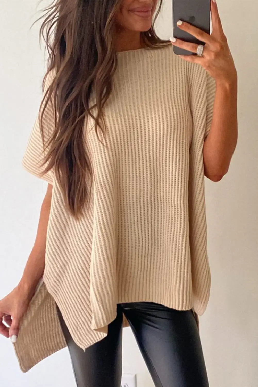Apricot short sleeve side slit oversized sweater - tops