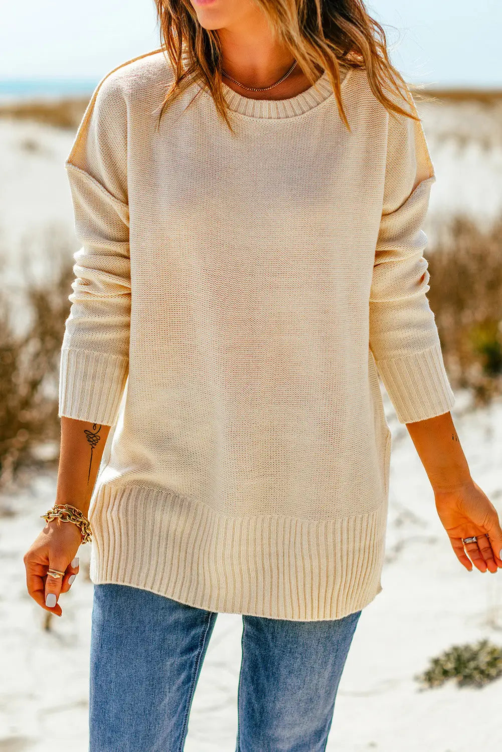 Apricot side split tunic sweater - tops