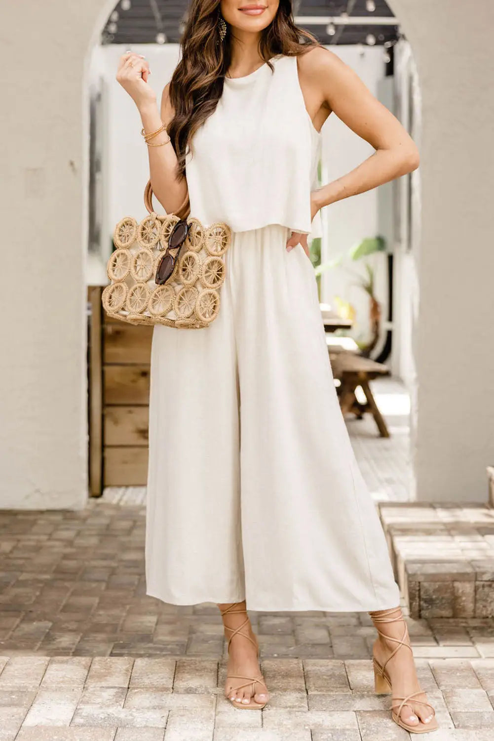 Apricot sleeveless ankle length wide leg jumpsuit - s /