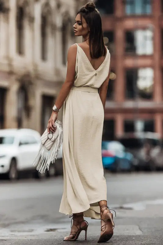 Apricot sleeveless maxi dress - elastic belt - dresses