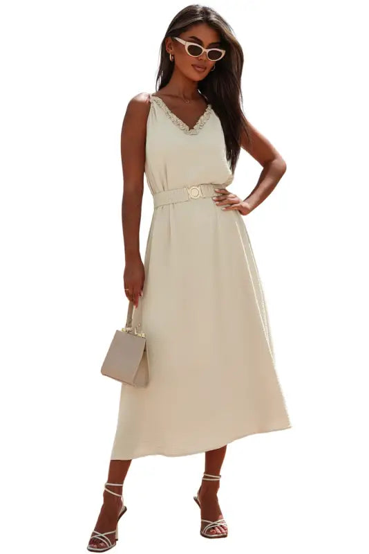 Apricot sleeveless maxi dress - elastic belt - dresses