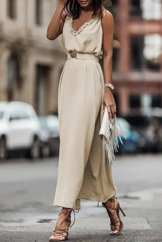 Apricot sleeveless maxi dress - elastic belt - dresses