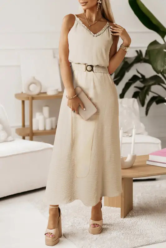 Apricot sleeveless maxi dress - elastic belt - dresses