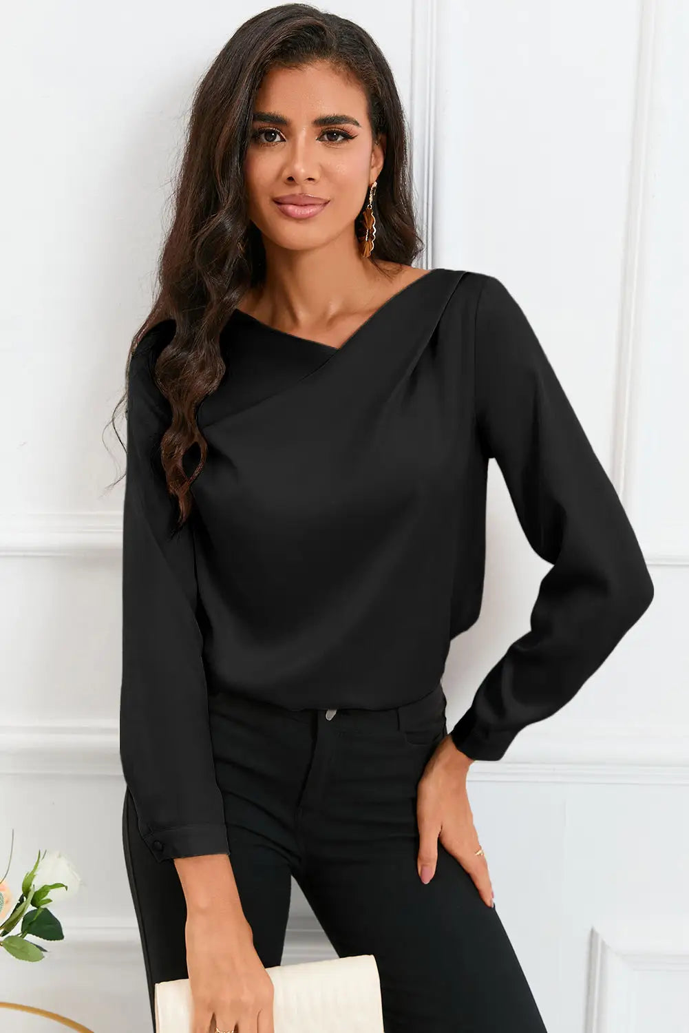 Apricot solid asymmetric v neck long sleeve satin blouse - black / s / 90% polyester + 10% elastane - blouses & shirts