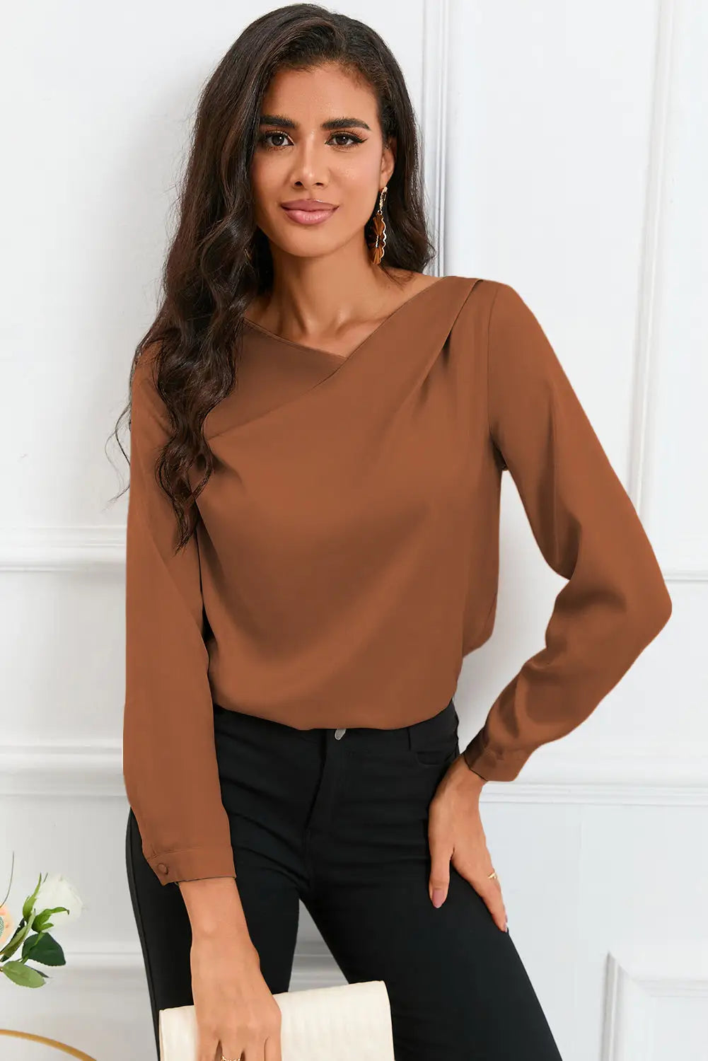 Apricot solid asymmetric v neck long sleeve satin blouse - brown / s / 90% polyester + 10% elastane - blouses & shirts
