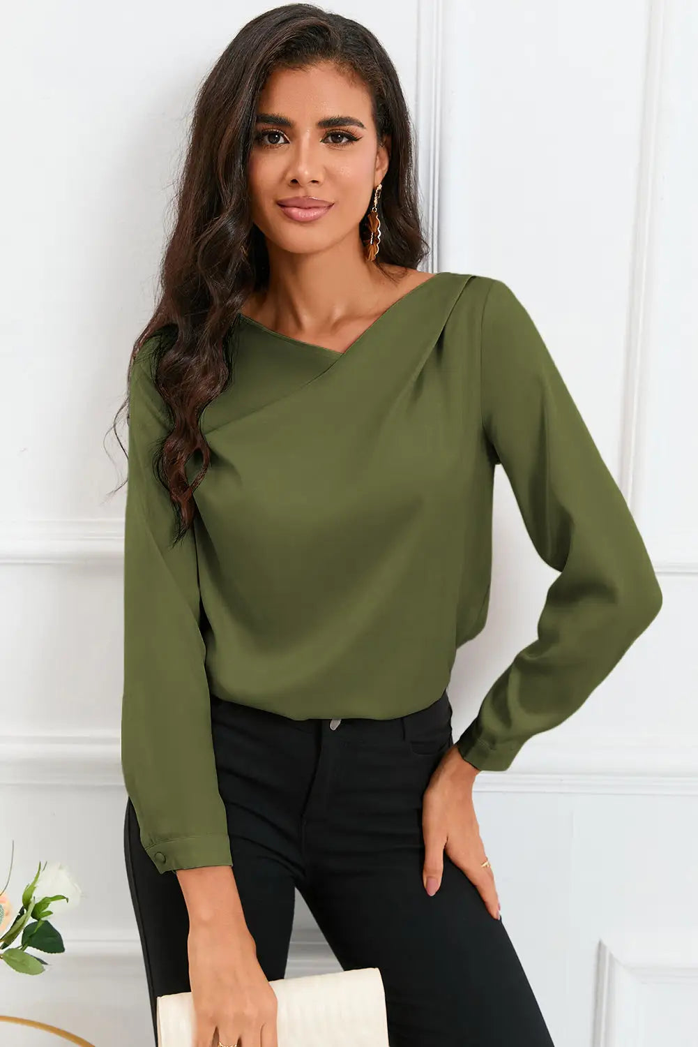 Apricot solid asymmetric v neck long sleeve satin blouse - green / s / 90% polyester + 10% elastane - blouses & shirts