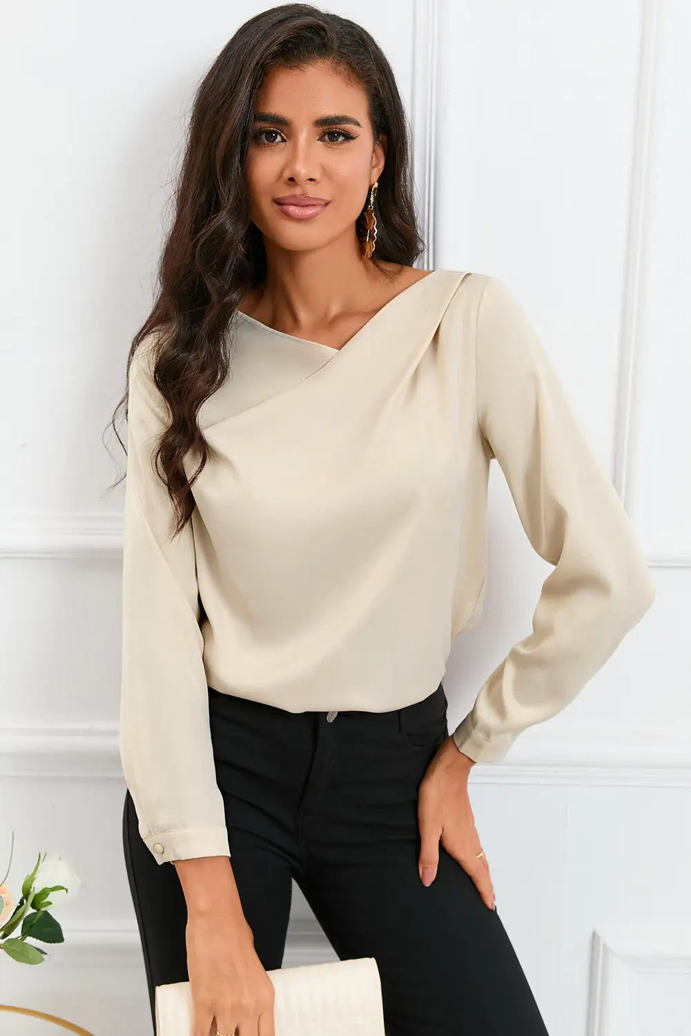 Apricot solid asymmetric v neck long sleeve satin blouse - s