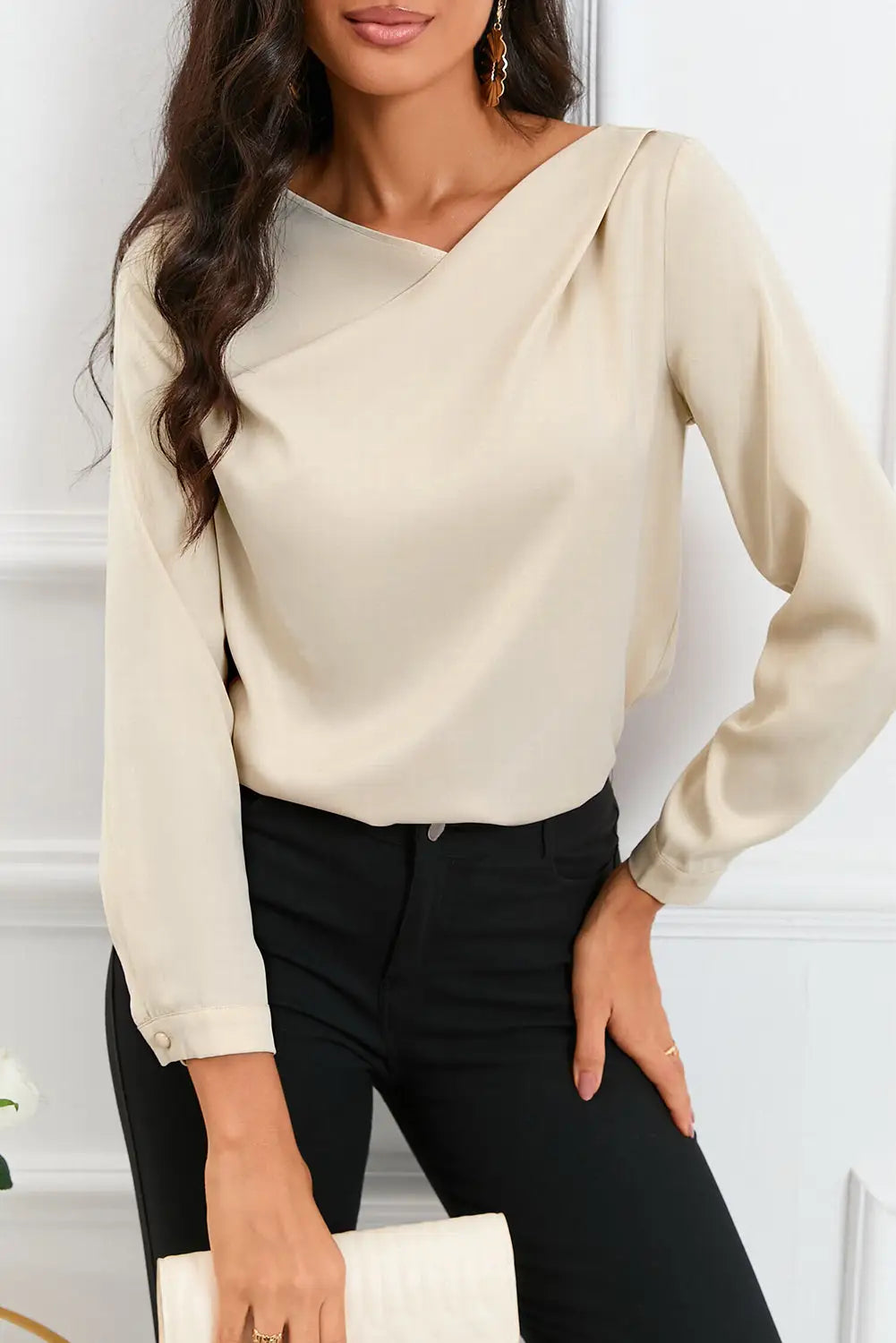 Apricot solid asymmetric v neck long sleeve satin blouse -