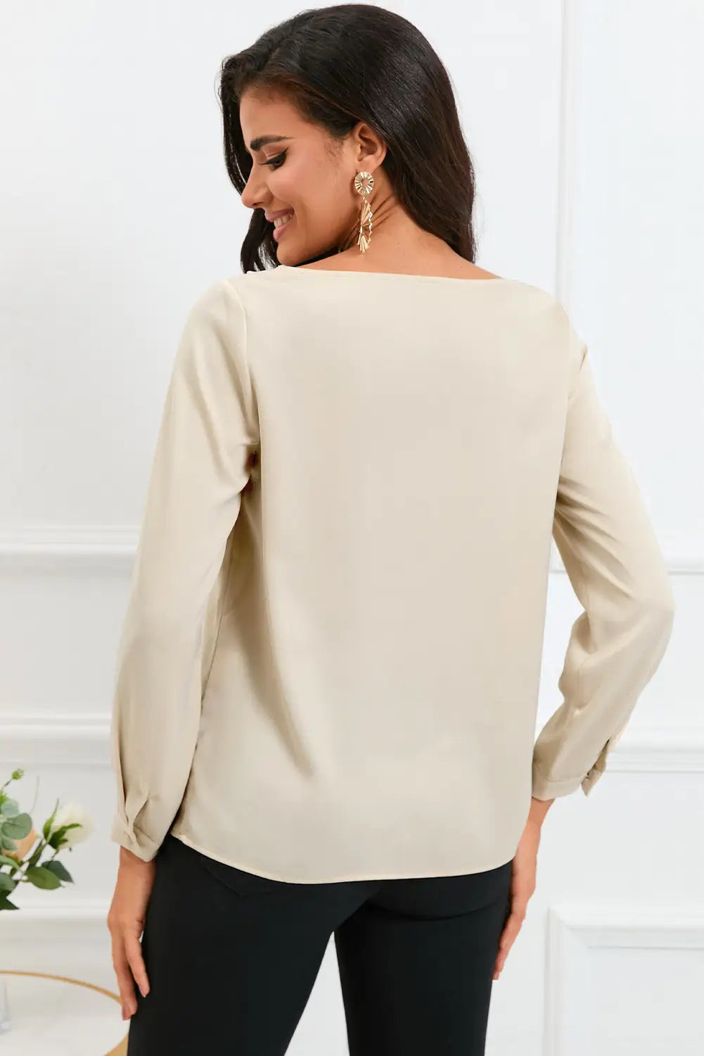 Apricot solid asymmetric v neck long sleeve satin blouse - blouses & shirts
