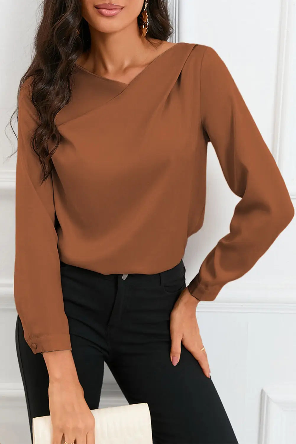 Apricot solid asymmetric v neck long sleeve satin blouse -
