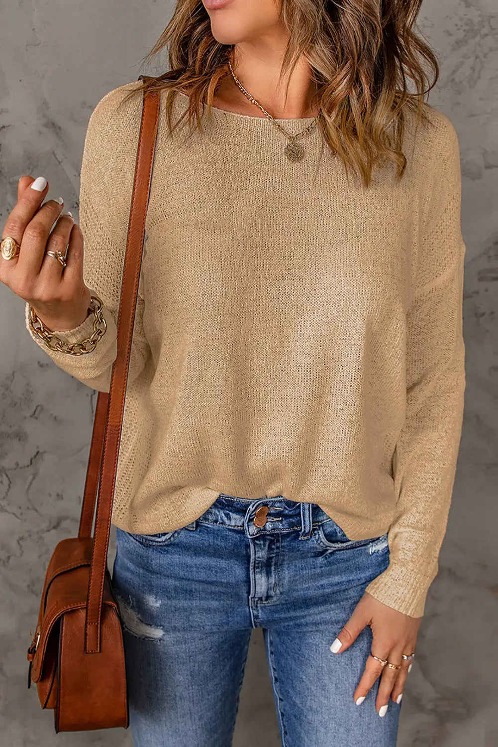 Apricot solid drop shoulder pullover sweater - s /