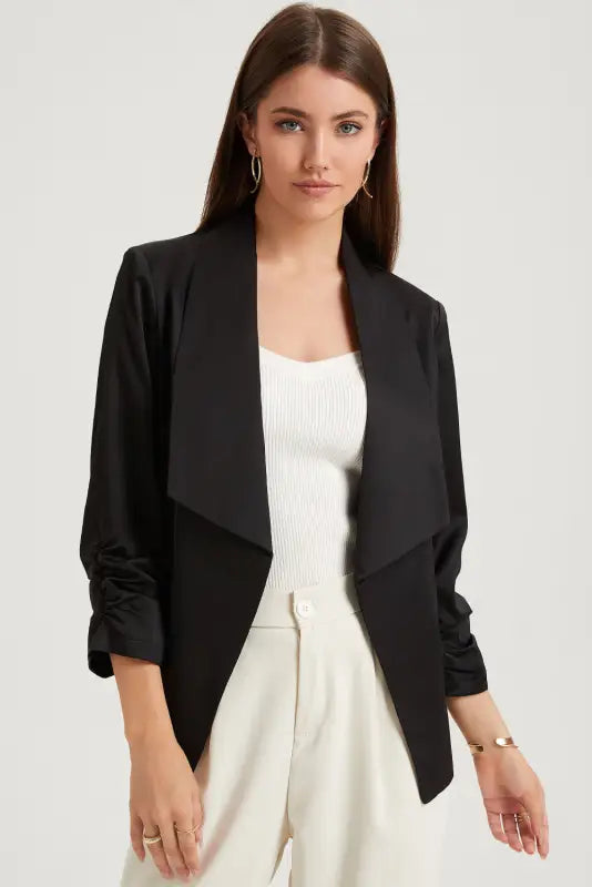 Apricot solid lapel collar satin blazer - blazers