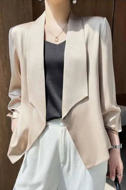 Apricot solid lapel collar satin blazer - blazers